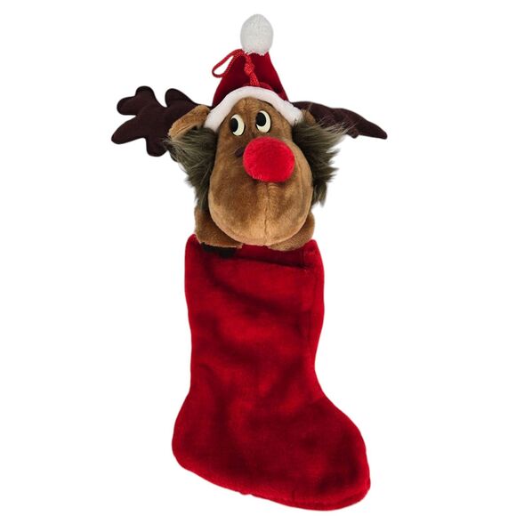 VTG Smithy 3D Plush Red Nose Reindeer Moose 27" Christmas Stocking Santa Hat - Picture 4 of 14
